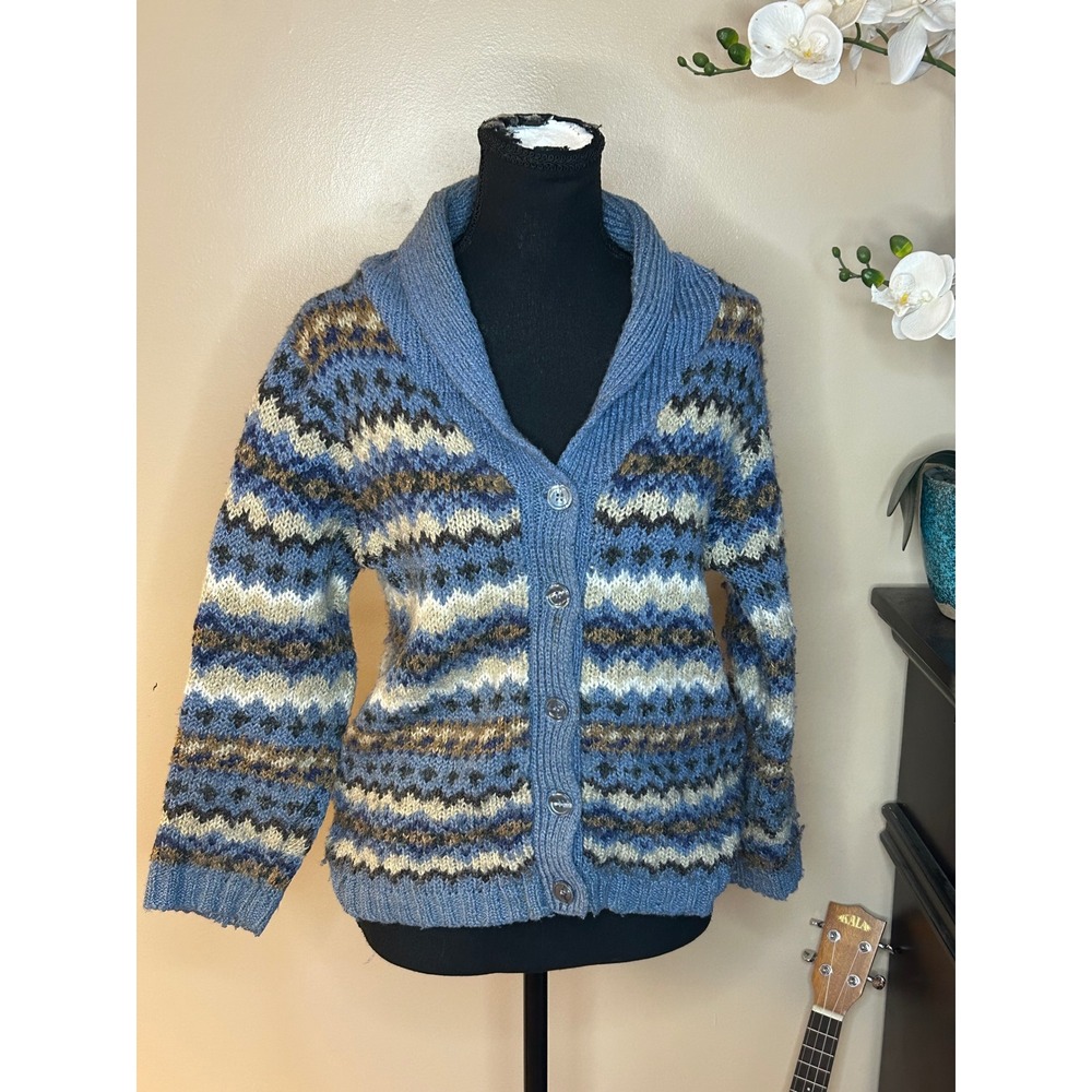 Carolyn Taylor Blue Fair Isle Shawl Collar Cardigan Sweater Wool Blend Small